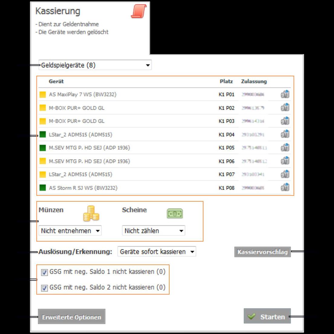 Einstellungen vor dem Start einer Kassierung
