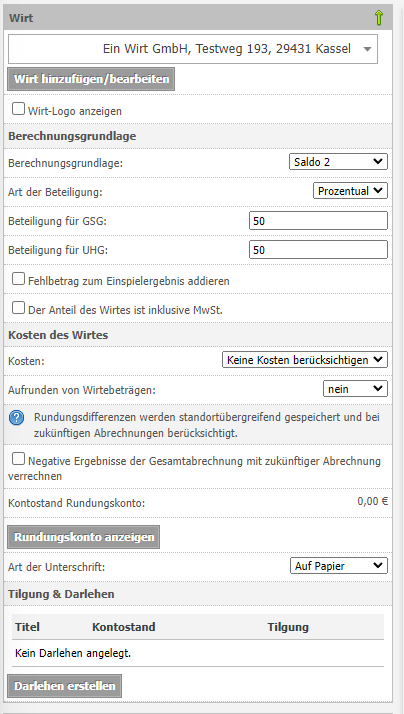 Komplexe Ansicht der Wirteabrechnung